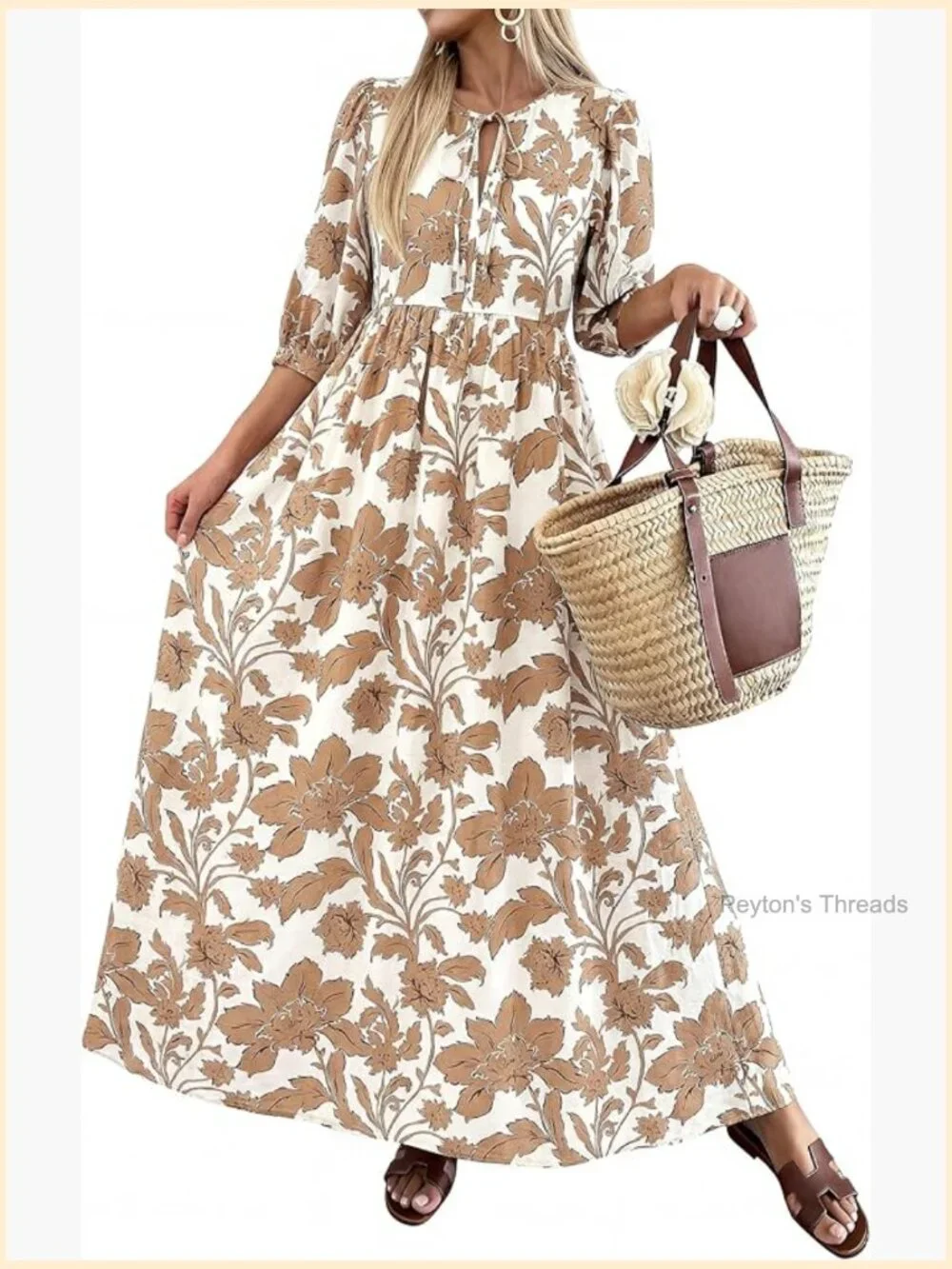 Boho Floral 3/4 Sleeve Flowy Maxi Dress with Pockets - Picture 1 of 7